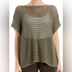 Max Studio Pointelle Open Knit Short Sleeve Sweater | Olive Green | Size S